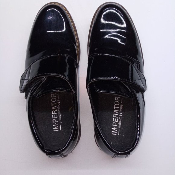 Boys Flat Oxfords, First Walker, Patent Leather Black with Velcro Fasteners. - Picture 1 of 4